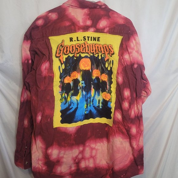 Goosebumps Horror Halloween Upcycle Corduroy Bleached Shirt Size XL Red - Picture 1 of 7